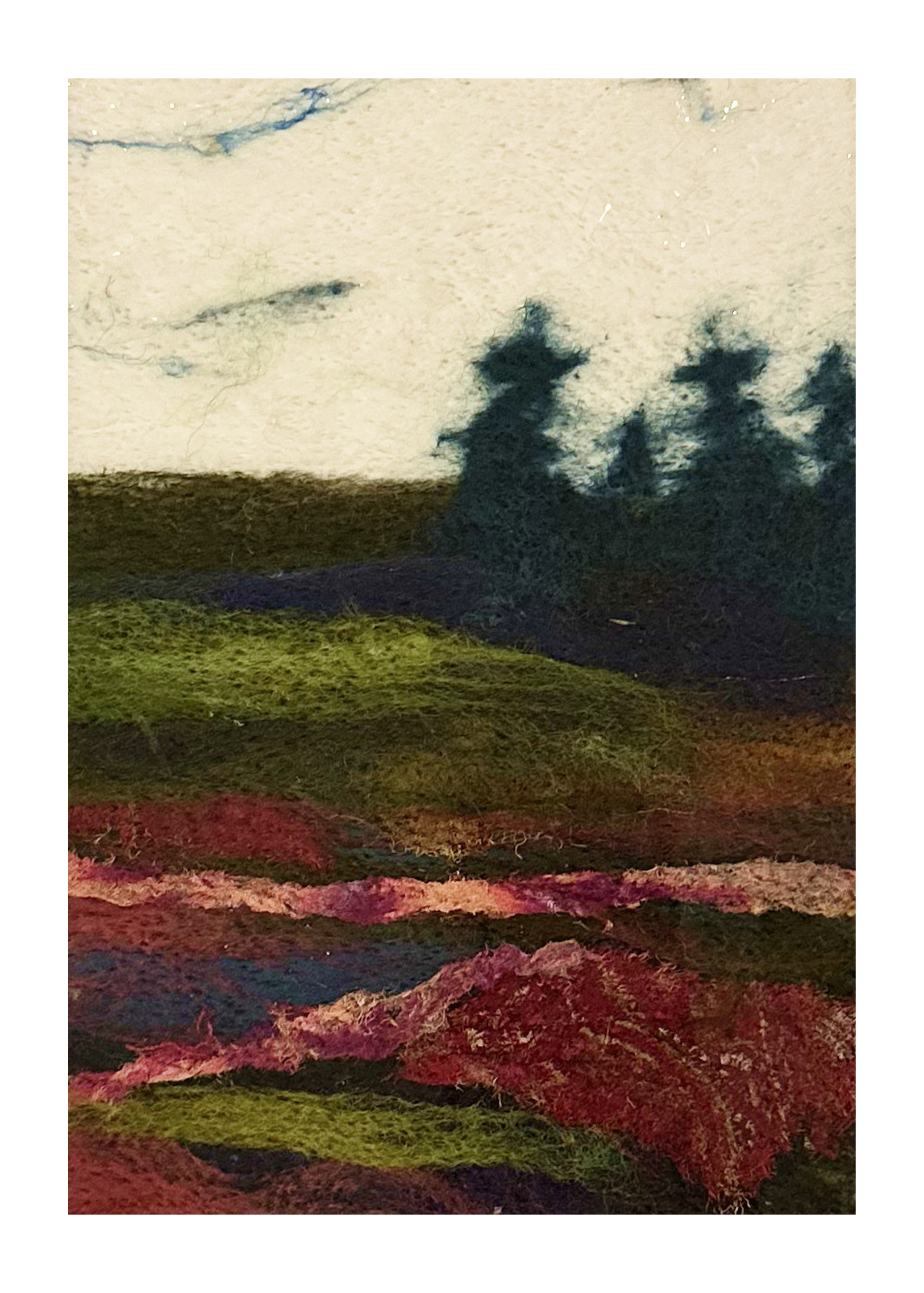 Fiber art landscape with forest silhouette by Dalis Davidson