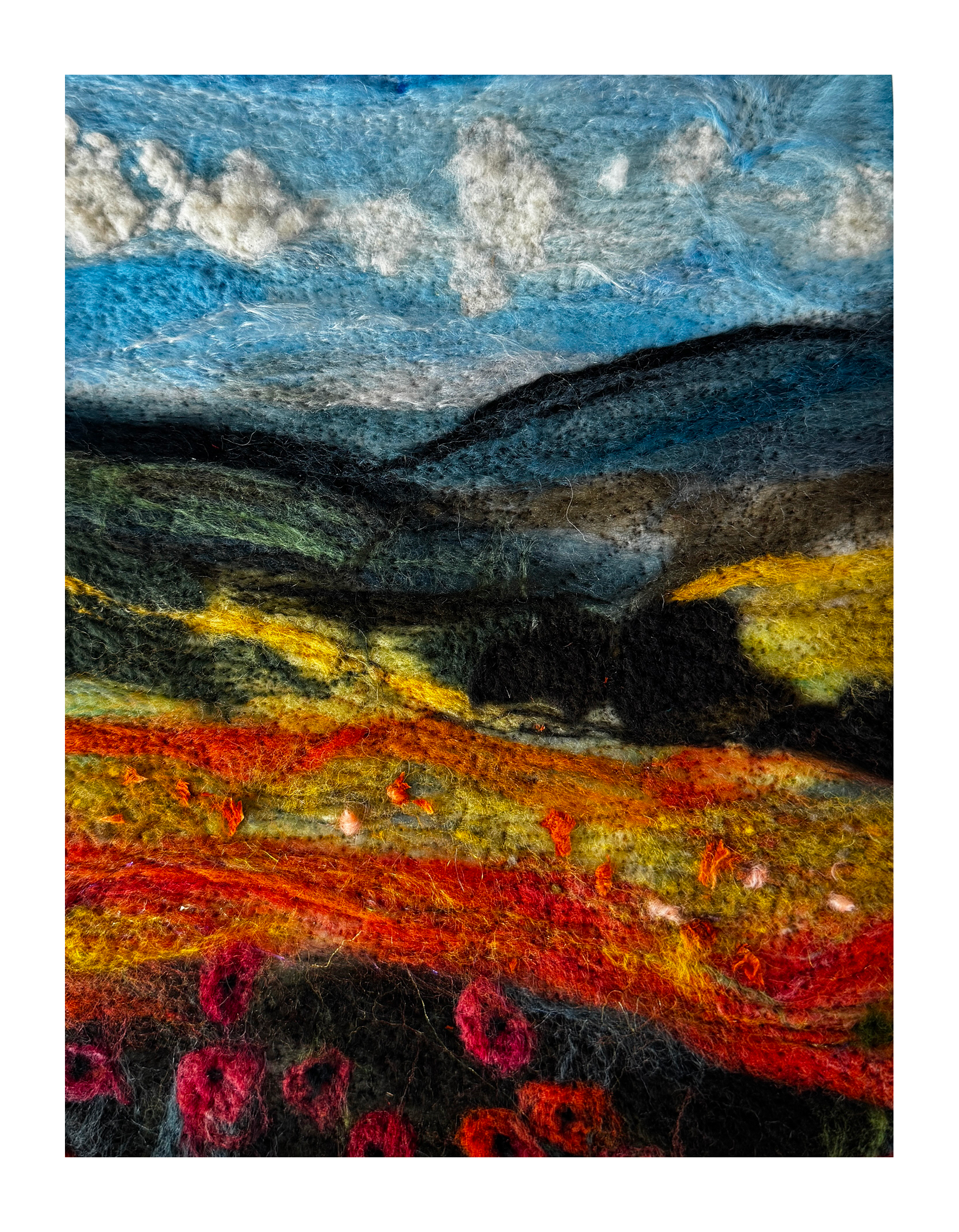 Fiber art landscape with poppies by Dalis Davidson